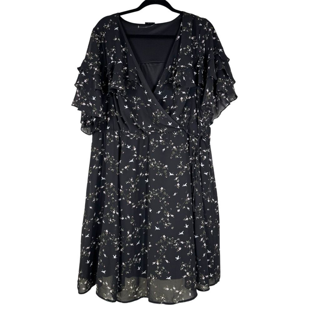 Torrid Black Floral Crane Bird Print Chiffon Dress Ruffle Flutter Sleeve Size 3X